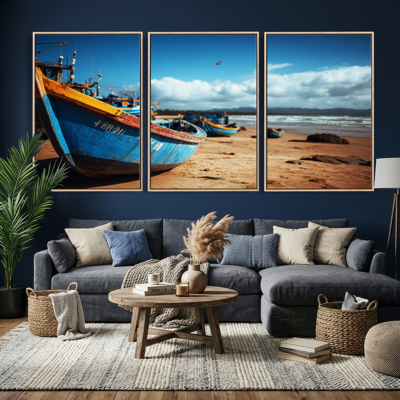 70925201-MGV-CV-36X24 - Fishing Boats Wall Art Canvas Print, Coastal Boat Beach Scene, Nautical Seaside Artwork, Ocean Shore Decor, Coastal Home Wall Art