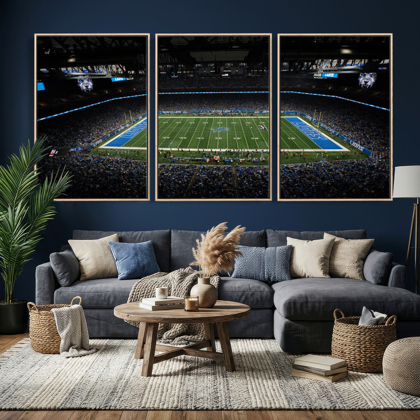 16709602-MGV-CV-36X24 - Detroit Lions Stadium Wall Art Canvas Print, Football Field Panorama Artwork, NFL Game Night Stadium Decor