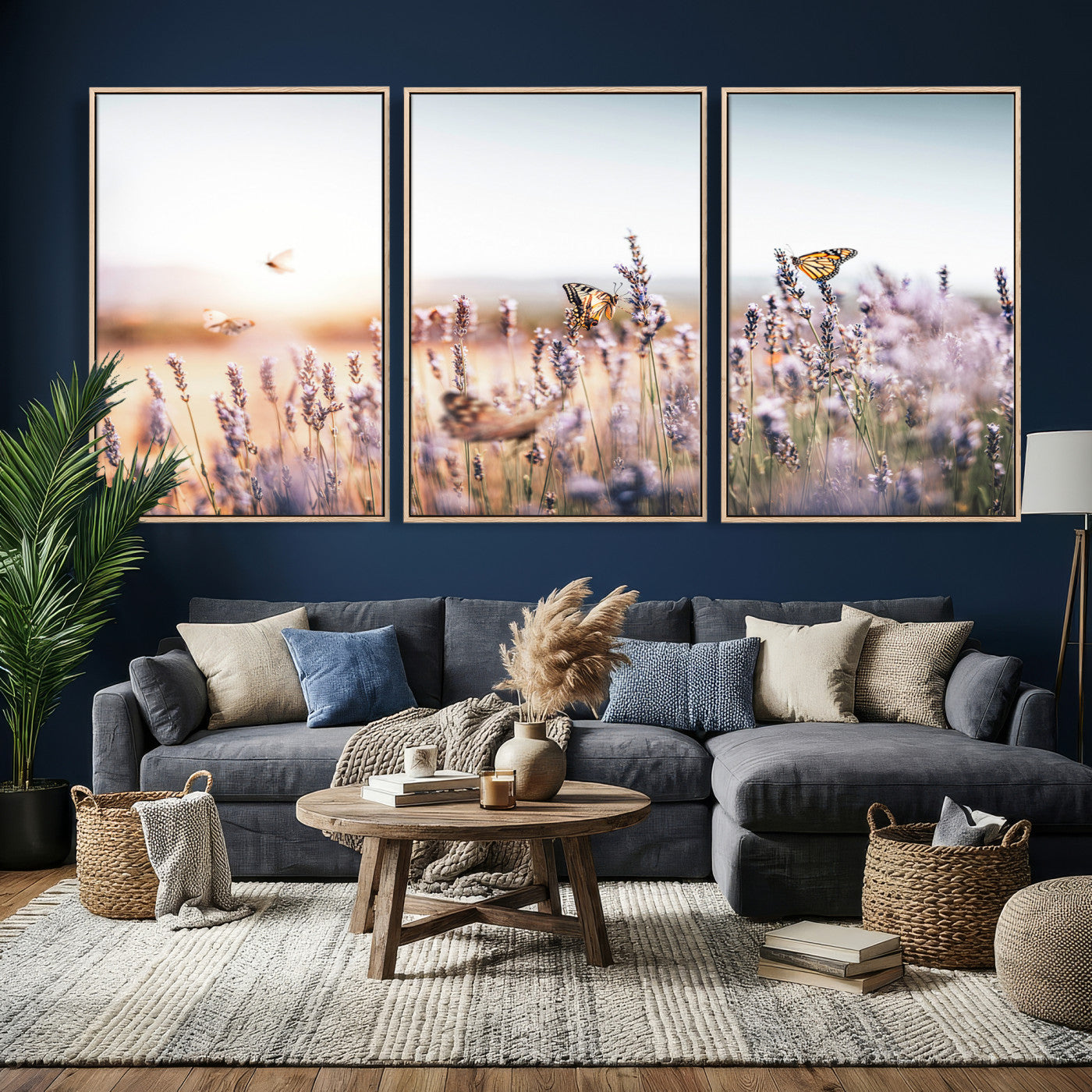 46417478-MGV-CV-36X24 - Lavender Field Wall Art Canvas Print, Butterfly Floral Landscape Art, Soft Nature Wall Decor for Bedroom