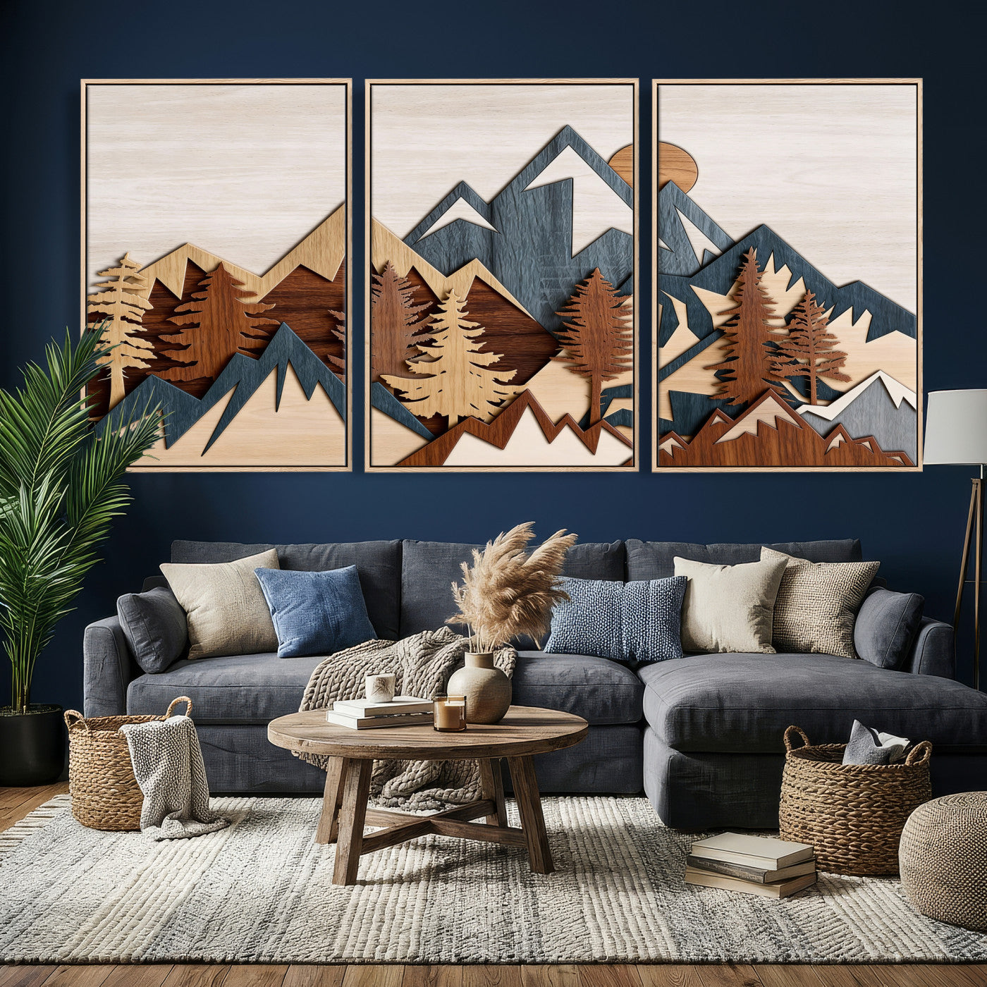 39888898-MGV-CV-36X24 - Layered Wooden Mountain Wall Art Canvas Print, Modern Rustic Forest and Pine Landscape Wall Decor
