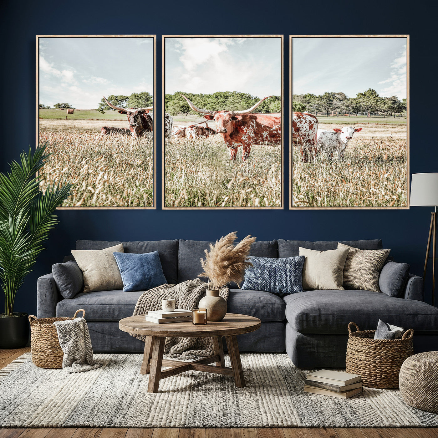 21823552-MGV-CV-36X24 - Texas Longhorn Cattle Wall Art Canvas Print, Rustic Ranch Landscape Artwork, Western Farm Field Scene, Country Prairie Animal Canvas Wall Art
