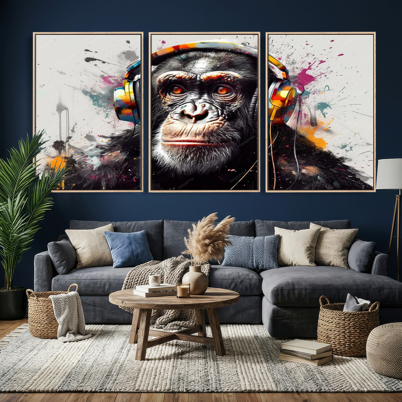 31244985-MGV-CV-36X24 - Dj Monkey Wall Art Canvas Print – Colorful Pop Art Banksy Graffiti Chimpanzee Print