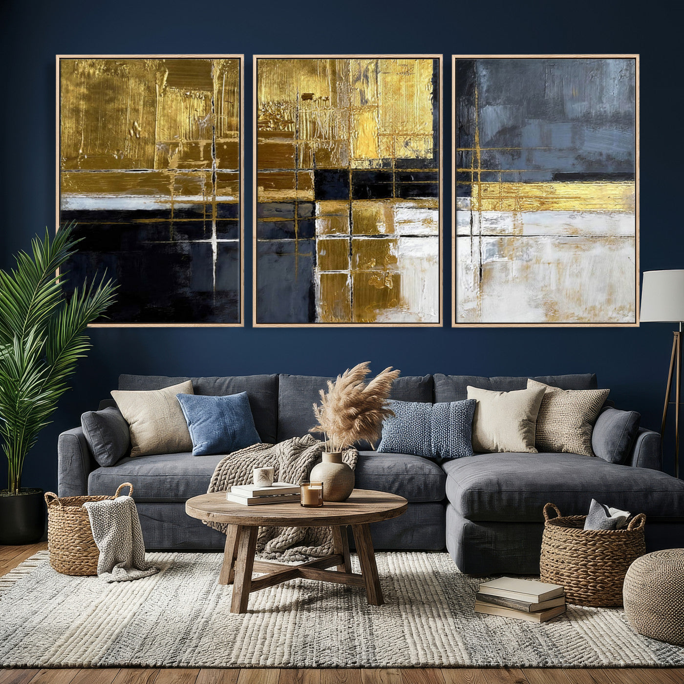 76917030-MGV-CV-36X24 - Gold Navy Abstract Wall Art Canvas Print, Modern Luxury Geometric Painting Wall Decor for Living Room and Office