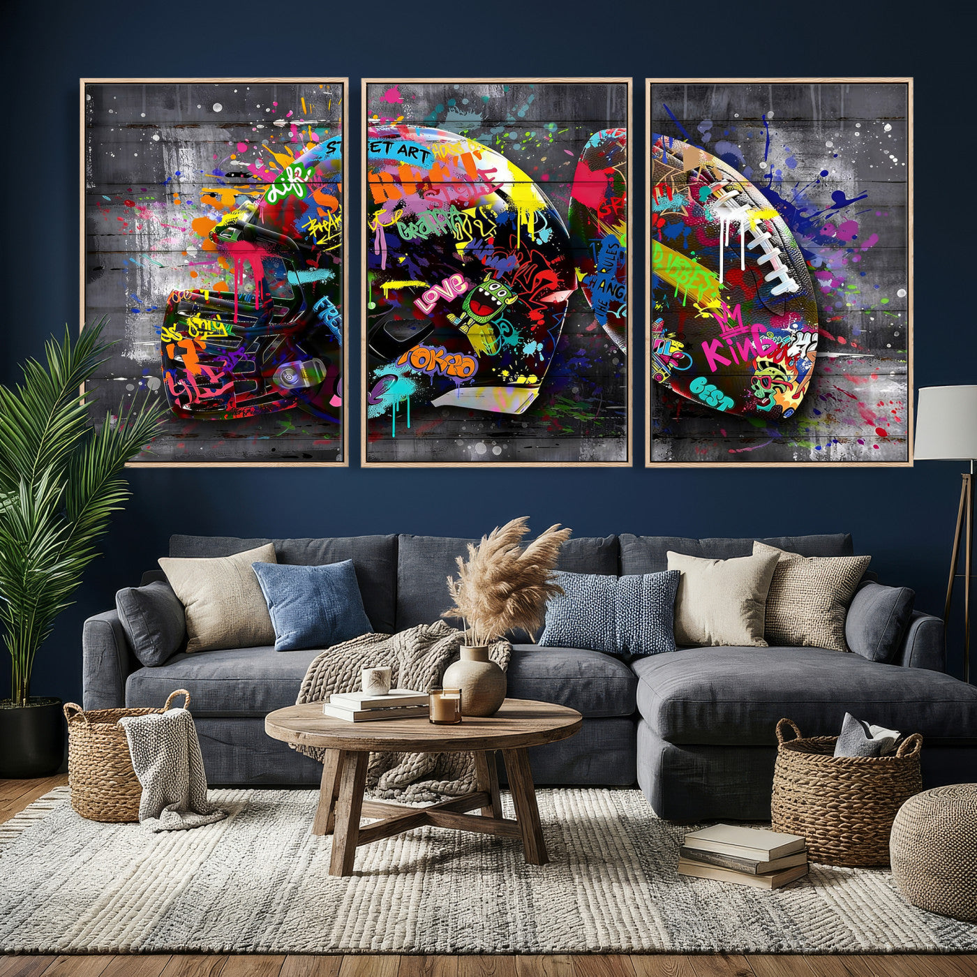 80540773-MGV-CV-36X24 - Graffiti American Football Helmet Street Art Wall Art Canvas Print, Urban Sports Pop Art Football Canvas Print, Colorful Graffiti Sports Contemporary Art Printing