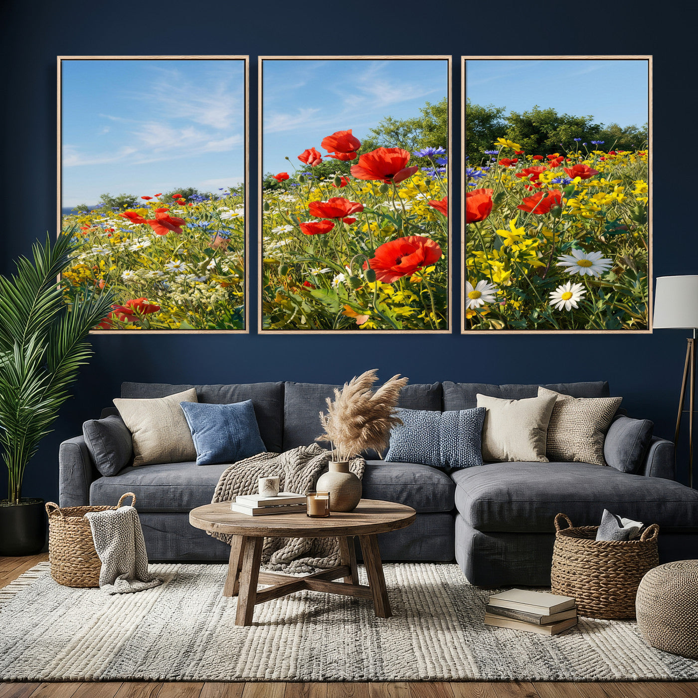 38570784-MGV-CV-36X24 - Wildflower Meadow Wall Art Canvas Print – Colorful Poppy and Daisy Field Landscape Artwork for Living Room Decor
