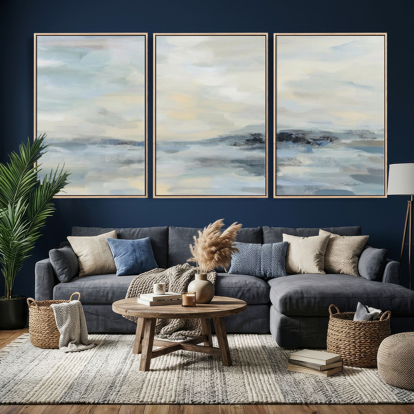24647355-MGV-CV-36X24 - Abstract Coastal Landscape Wall Art Canvas Print – Soft Blue Gray Minimalist Painting