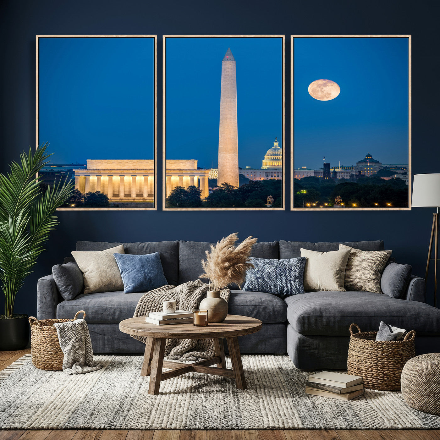 96712946-MGV-CV-36X24 - Washington DC Skyline Wall Art Canvas Print – Lincoln Memorial, Washington Monument and US Capitol Night Cityscape Artwork