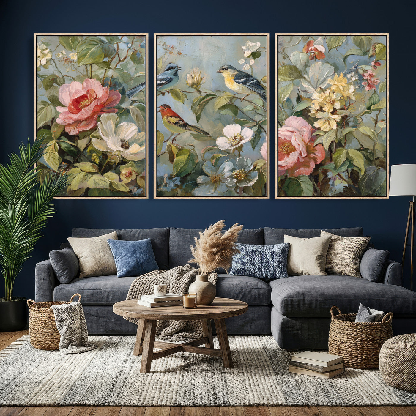 55440837-MGV-CV-36X24 - Vintage Birds and Flowers Wall Art Canvas Print, Botanical Bird Painting Canvas Print, Floral Garden Bird Artwork Canvas Print, Classic Bird Flower Painting Canvas Print
