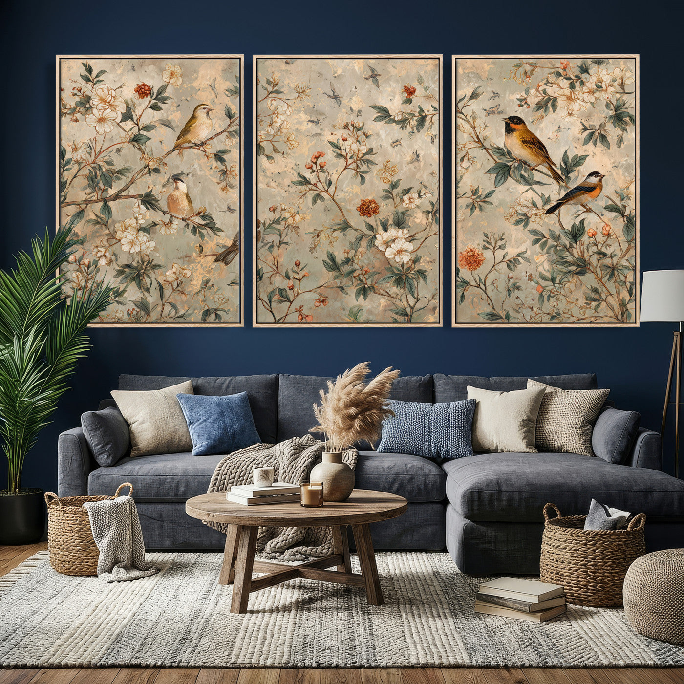 76588438-MGV-CV-36X24 - Vintage Birds and Flowers Wall Art Canvas Print, Botanical Bird Painting Canvas Print, Floral Garden Bird Artwork Canvas Print, Classic Bird Flower Painting Canvas Print