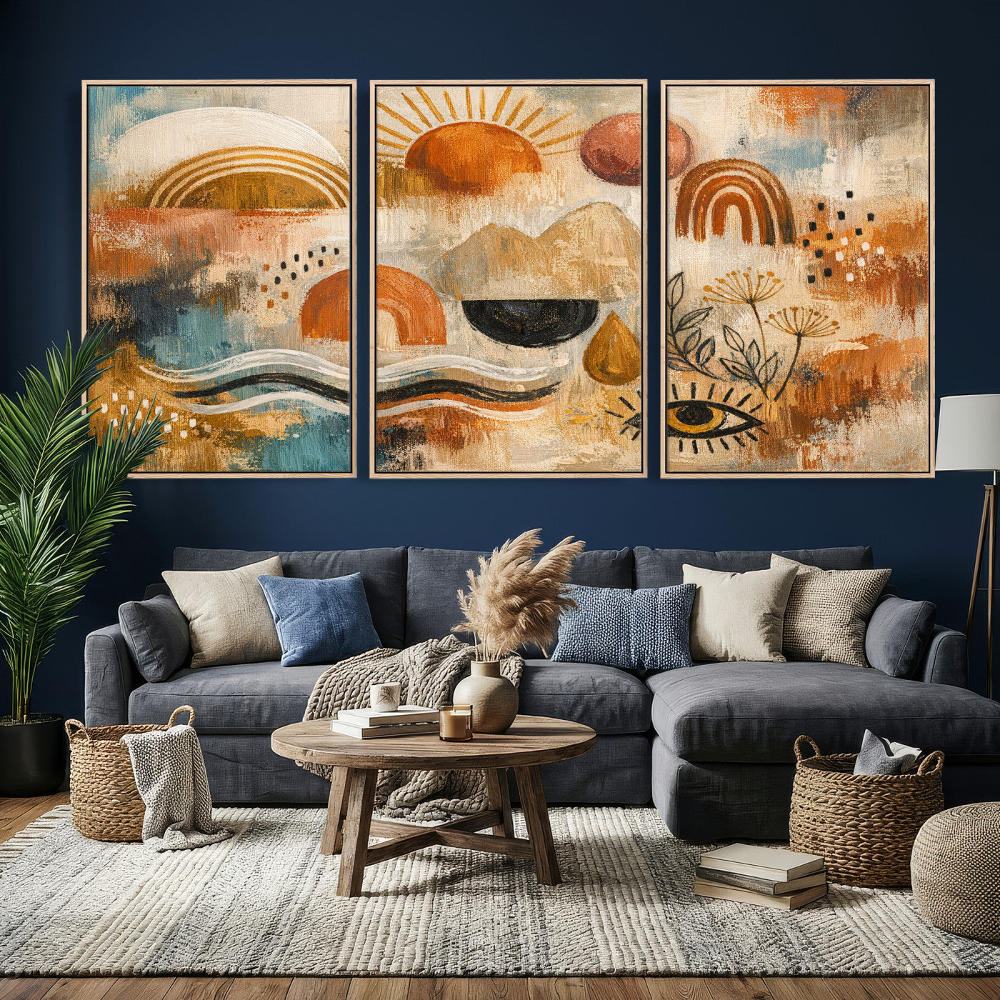 52155239-MGV-CV-36X24 - Geometric Boho Abstract Wall Art Canvas Print, Orange Blue Abstract Expressionist Painting Print, Modern Geometric Abstract Canvas Art
