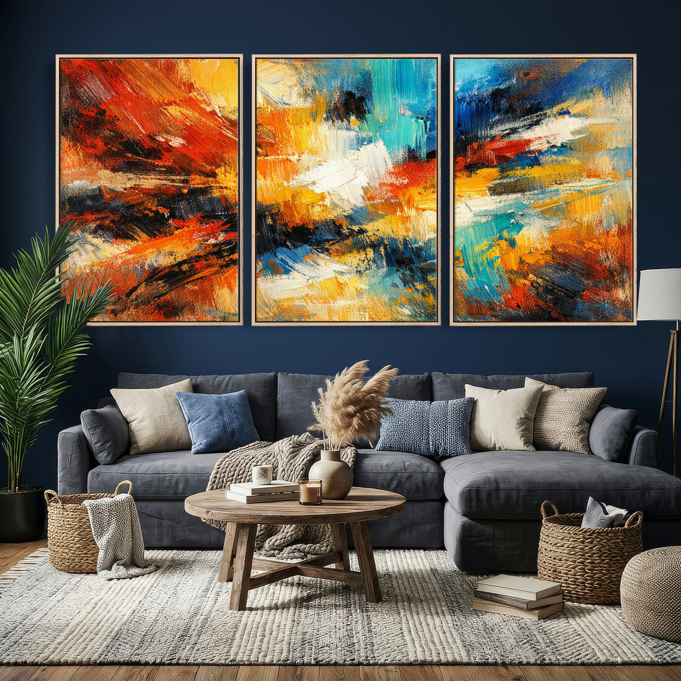 93167583-MGV-CV-36X24 - Geometric Abstract Wall Art Canvas Print, Orange Blue Abstract Expressionist Painting Print, Modern Geometric Abstract Canvas Art