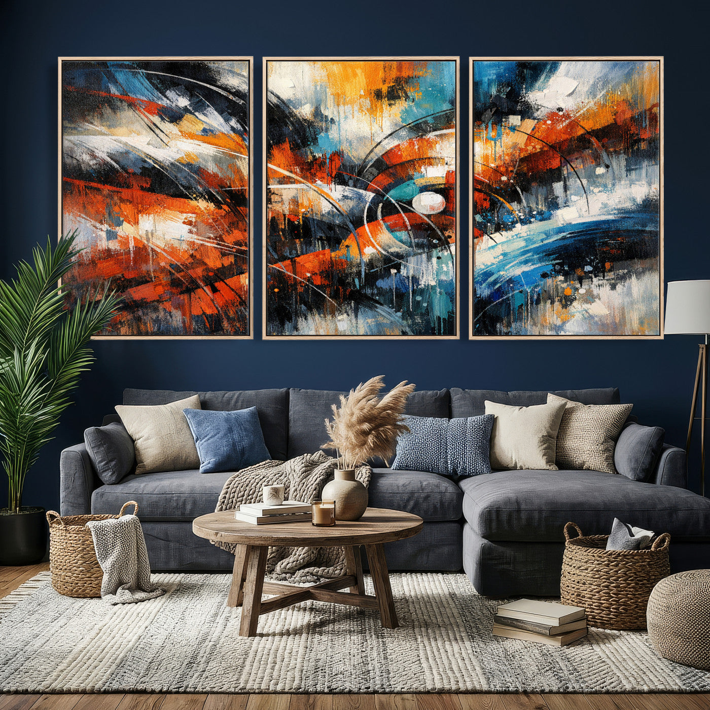 47120691-MGV-CV-36X24 - Geometric Abstract Wall Art Canvas Print, Orange Blue Abstract Expressionist Painting Print, Modern Geometric Abstract Canvas Art