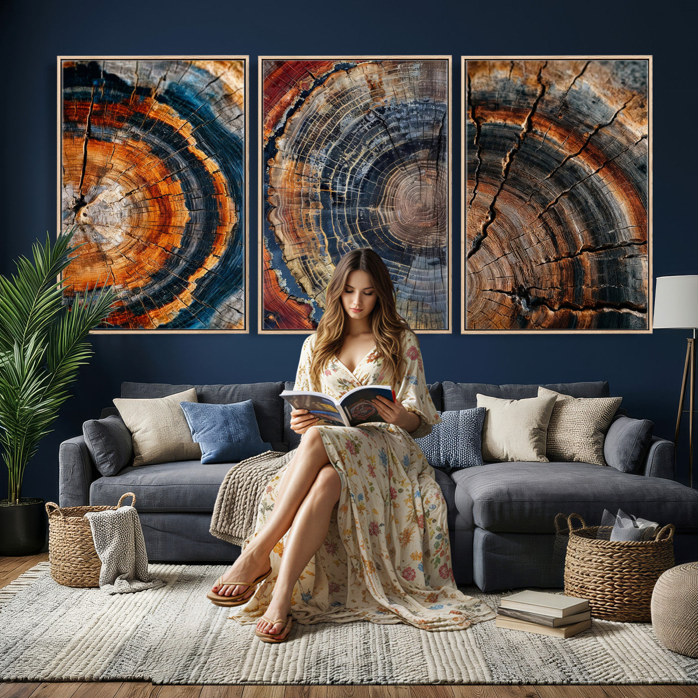 4712069W1-MGV-CV-48X32-3P - Tree Ring Triptych Canvas Wall Art — Set of 3 Wood Grain Print | Rustic Nature Decor | Earth Tone Wall Art | Unique Living Room Art Gift
