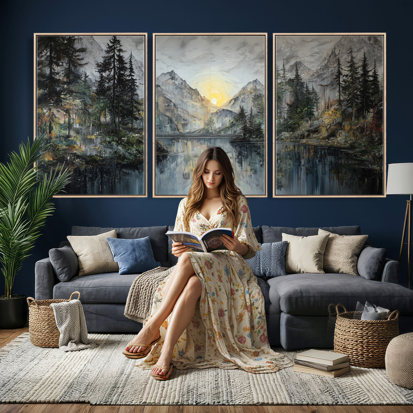 72377107-MGV-CV-60X30-3P - Drip Style Forest Lake Gold Art — Abstract Expressionist Mountain Print | Grey Pine Tree Canvas | Moody Nature Wall Decor | Large Panoramic Art