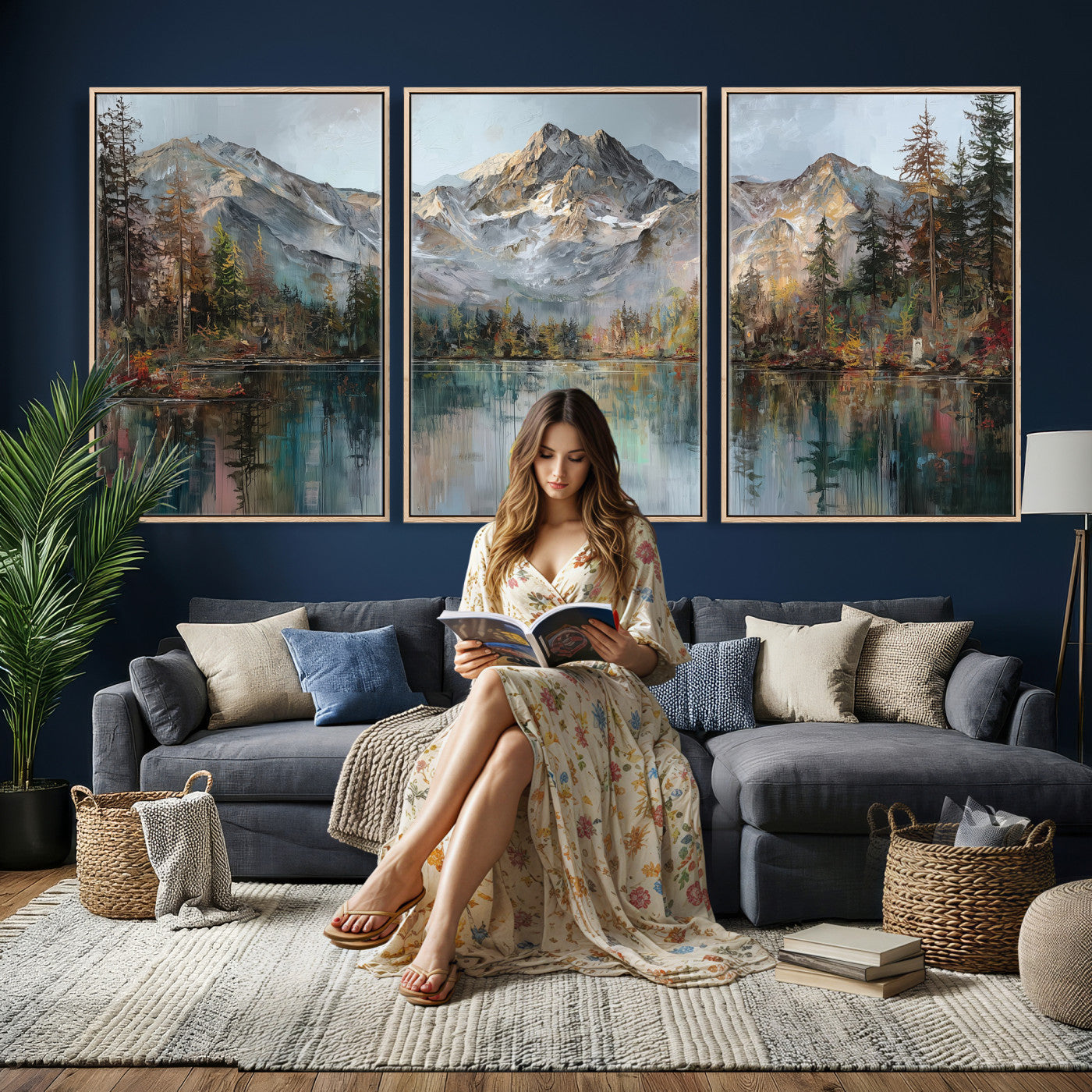 15527546-MGV-CV-60X30-3P - Drip Style Forest Lake Gold Art — Abstract Expressionist Mountain Print | Grey Pine Tree Canvas | Moody Nature Wall Decor | Large Panoramic Art