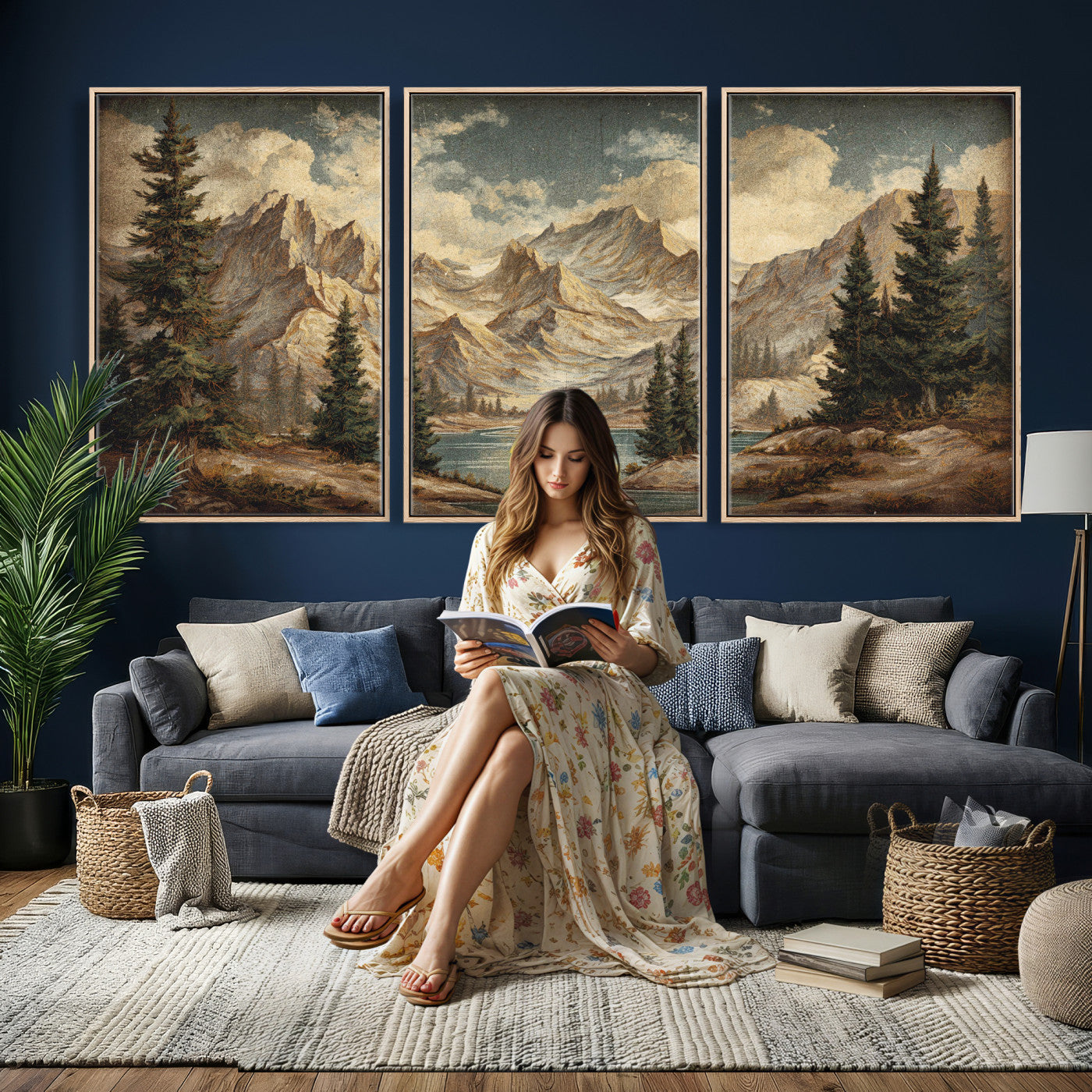 62093020-MGV-CV-60X30-3P - Drip Style Forest Lake Gold Art — Abstract Expressionist Mountain Print | Grey Pine Tree Canvas | Moody Nature Wall Decor | Large Panoramic Art