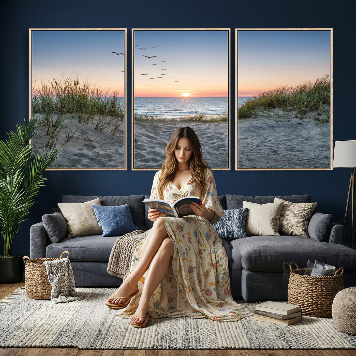 12172032-MGV-CV-36X24 - Sandy Dune Path Sunset Canvas Wall Art — Seagulls Beach Ocean Photography Print | Coastal Home Decor | Nautical Wall Art | Beach House Gift