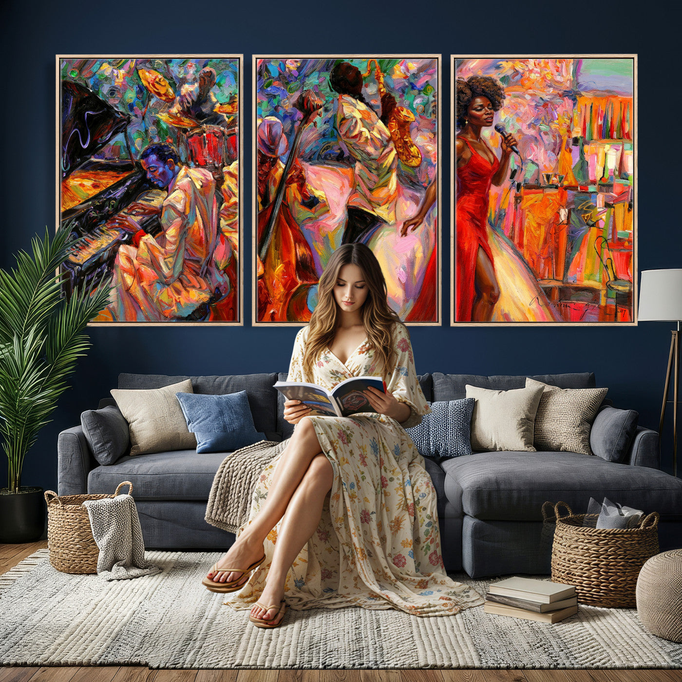 72615137-MGV-CV-36X24 - African American Jazz Singer Canvas Art - Red Dress Black Woman Music Print | Colorful Jazz Band Wall Decor | Living Room Gift for Her