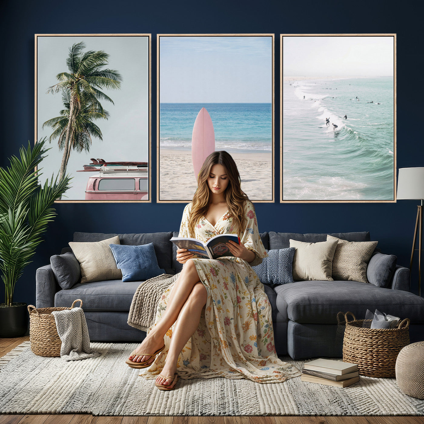 39028765-MGV-CV-60X30-3P - Surf Canvas Wall Art Set, Pink Surfboard VW Van Palm Tree Triptych, Beach House Coastal Decor, Pastel Ocean Photography Print, Boho Surf Decor