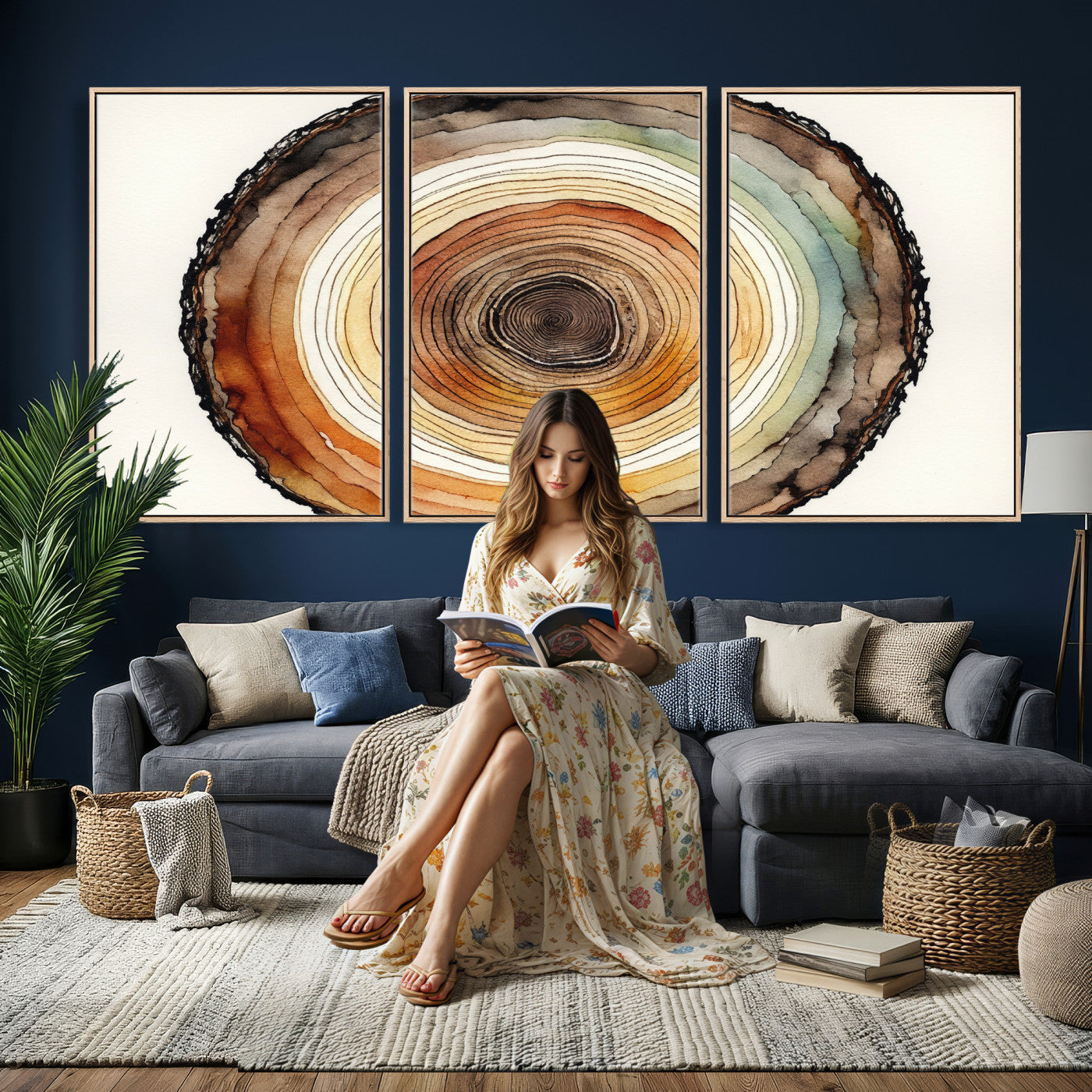 13719680-MGV-CV-36X24 - Natural Wood Slice Wall Art Canvas Print, Tree Ring Wall Art, Framed Abstract Nature Wall Decor, Earth Tone Statement Canvas Print