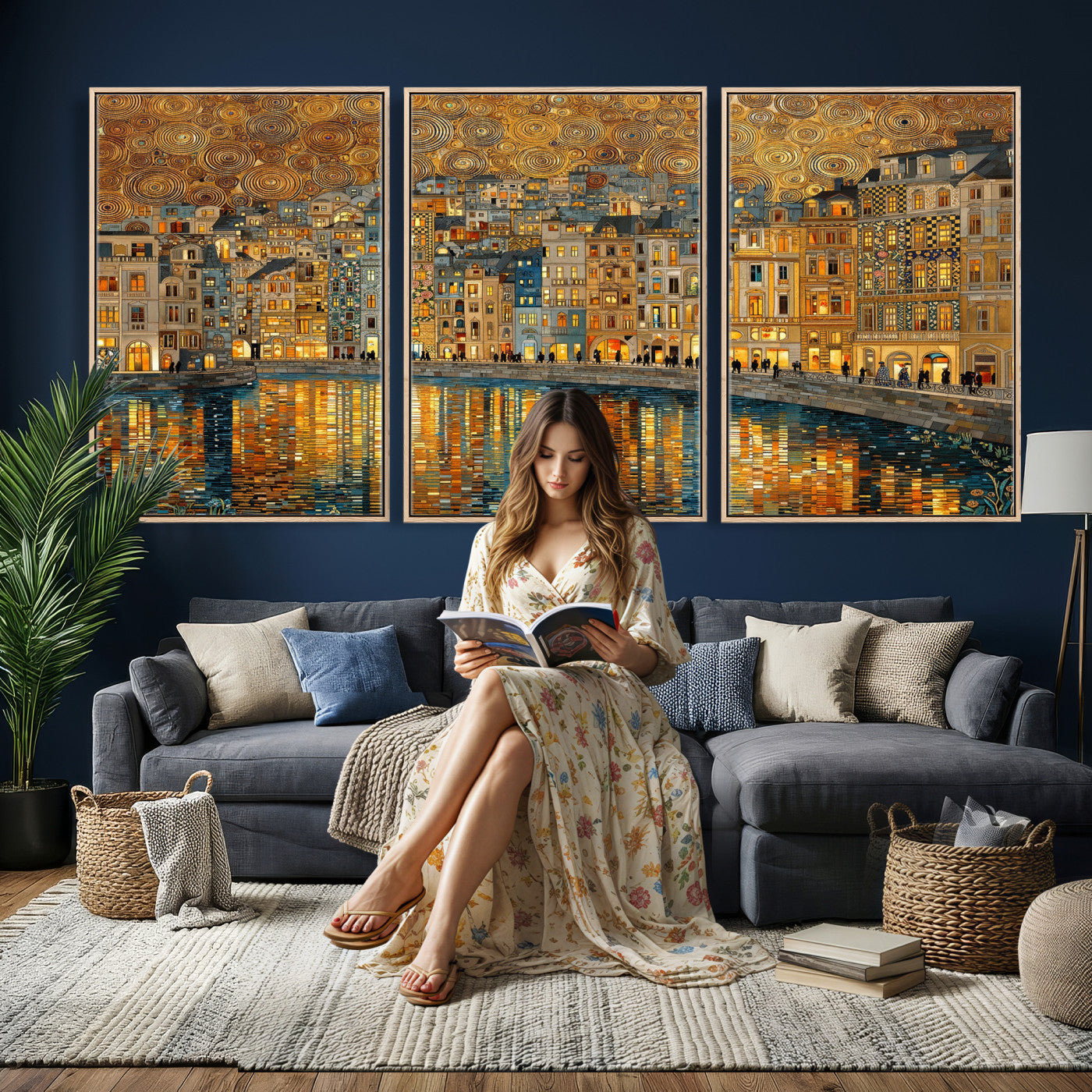 94022787-MGV-CV-36X24 - Gustav Klimt Golden Cityscape Wall Art Canvas Print, Framed River Town Landscape Artwork, Ornate Architecture Wall Decor for Living Room Bedroom Office