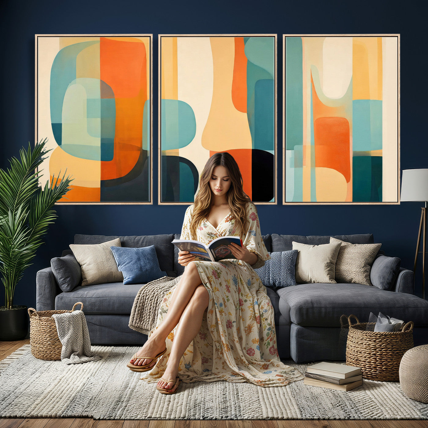 71488451-MGV-CV-60X30-3P - Abstract Geometric Wall Art Canvas Print, Mid Century Modern Wall Art, Abstract Wall Art Canvas Print for Living Room Bedroom Office