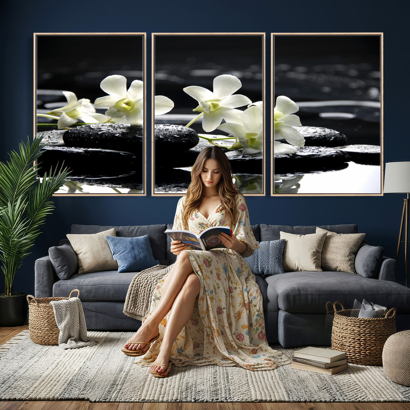 79486206-MGV-CV-36X24 - Plumeria Frangipani Black Stone Canvas | White Flower Spa Photography Print | Tropical Zen Wall Art | Grey Pebble Floral for Meditation Room Decor