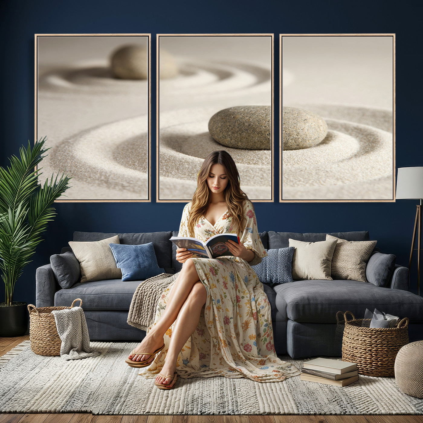 13397966-MGV-CV-36X24 - Zen Garden Stone Sand Canvas | Japanese Rock Garden Wall Art | Minimalist Meditation Print | Neutral Beige Mindfulness Decor