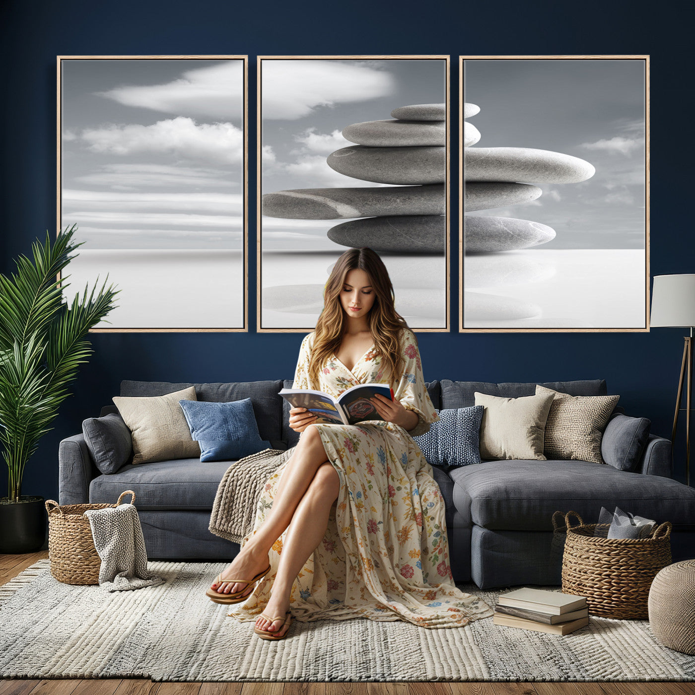 86426188-MGV-CV-36X24 - Zen Stone Wall Art Canvas Print, Balanced Rock Stack Framed Spa Artwork, Minimalist Meditation Decor for Living Room Bedroom Office Bathroom