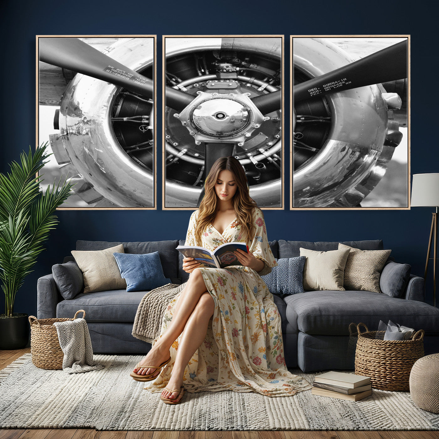 73322230-MGV-CV-36X24 - Vintage Propeller Plane Wall Art Canvas Print, Black and White Airplane Engine Close Up Framed Aviation Artwork for Pilot Office Hangar Decor