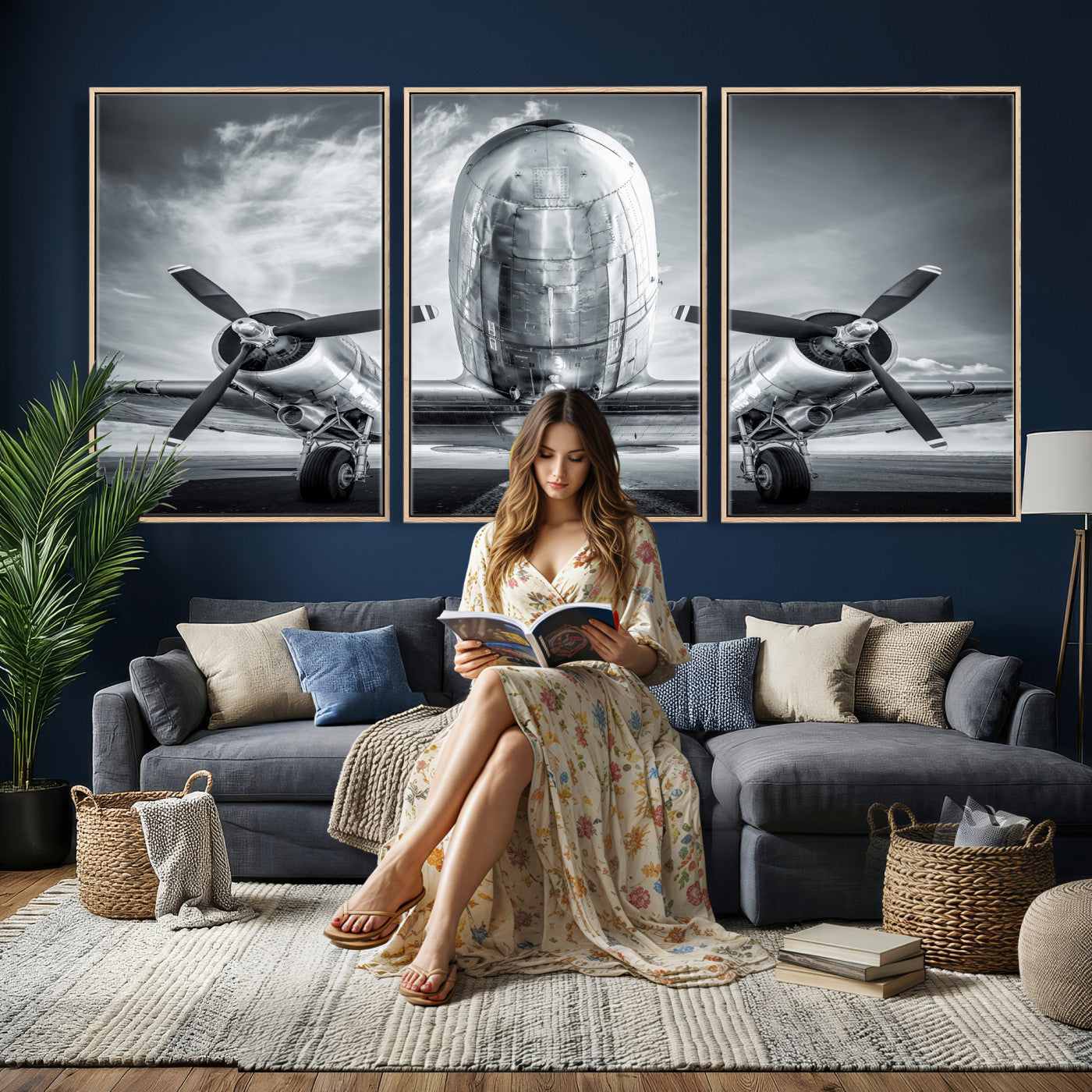 59729636-MGV-CV-36X24 - Vintage Propeller Plane Wall Art Canvas Print, Black and White Airplane Engine Close Up Framed Aviation Artwork for Pilot Office Hangar Decor