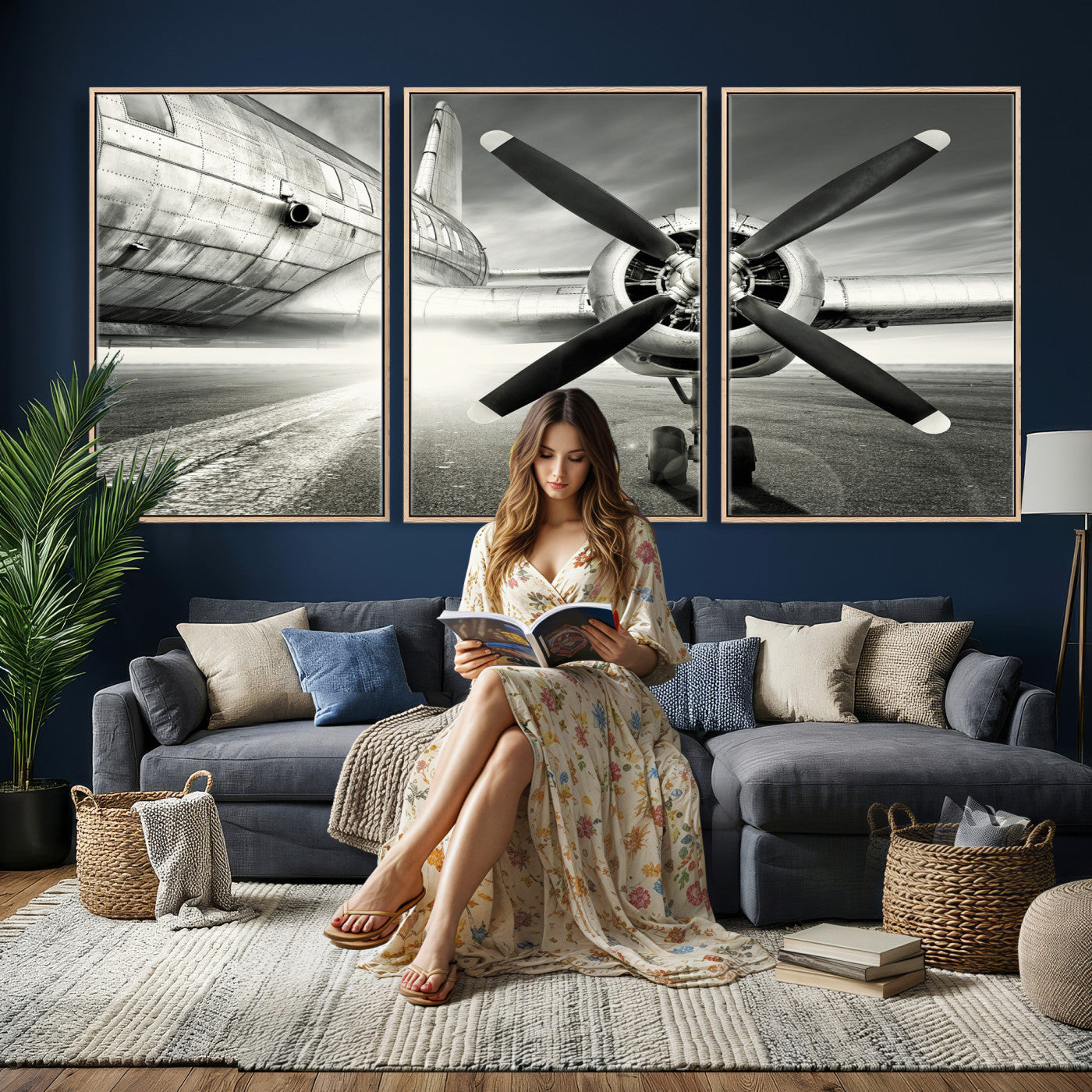 16420255-MGV-CV-36X24 - Vintage Airplane Wall Art Canvas Print, Black and White Propeller Aircraft Framed Aviation Artwork for Pilot Office Hangar Living Room Decor