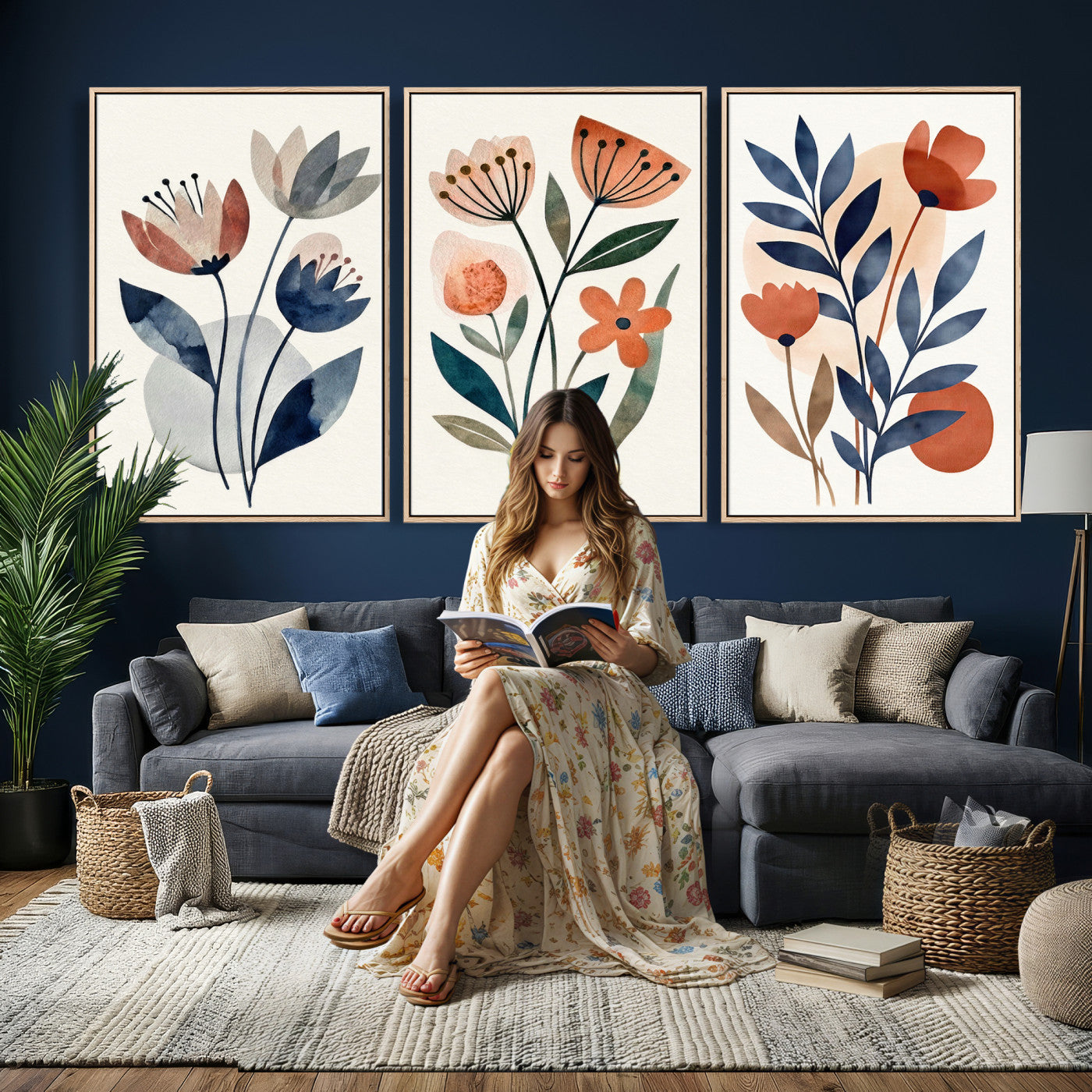 64426285-MGV-CV-60X30-3P - Watercolor Botanical Canvas Wall Art Set, Navy Terracotta Floral Triptych Print, Minimalist Flower Decor, Boho Living Room Art, Scandinavian Nature Print