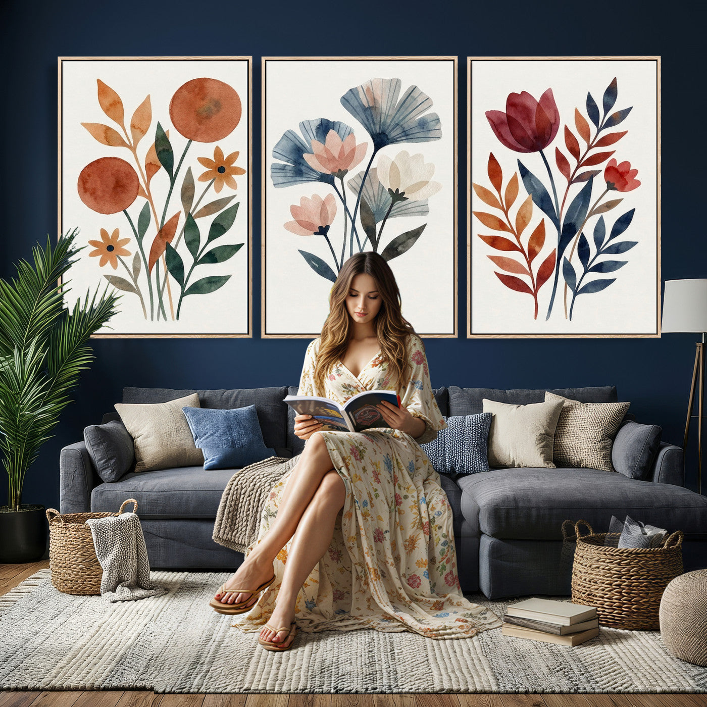 95190931-MGV-CV-60X30-3P - Watercolor Botanical Canvas Wall Art Set, Navy Terracotta Floral Triptych Print, Minimalist Flower Decor, Boho Living Room Art, Scandinavian Nature Print