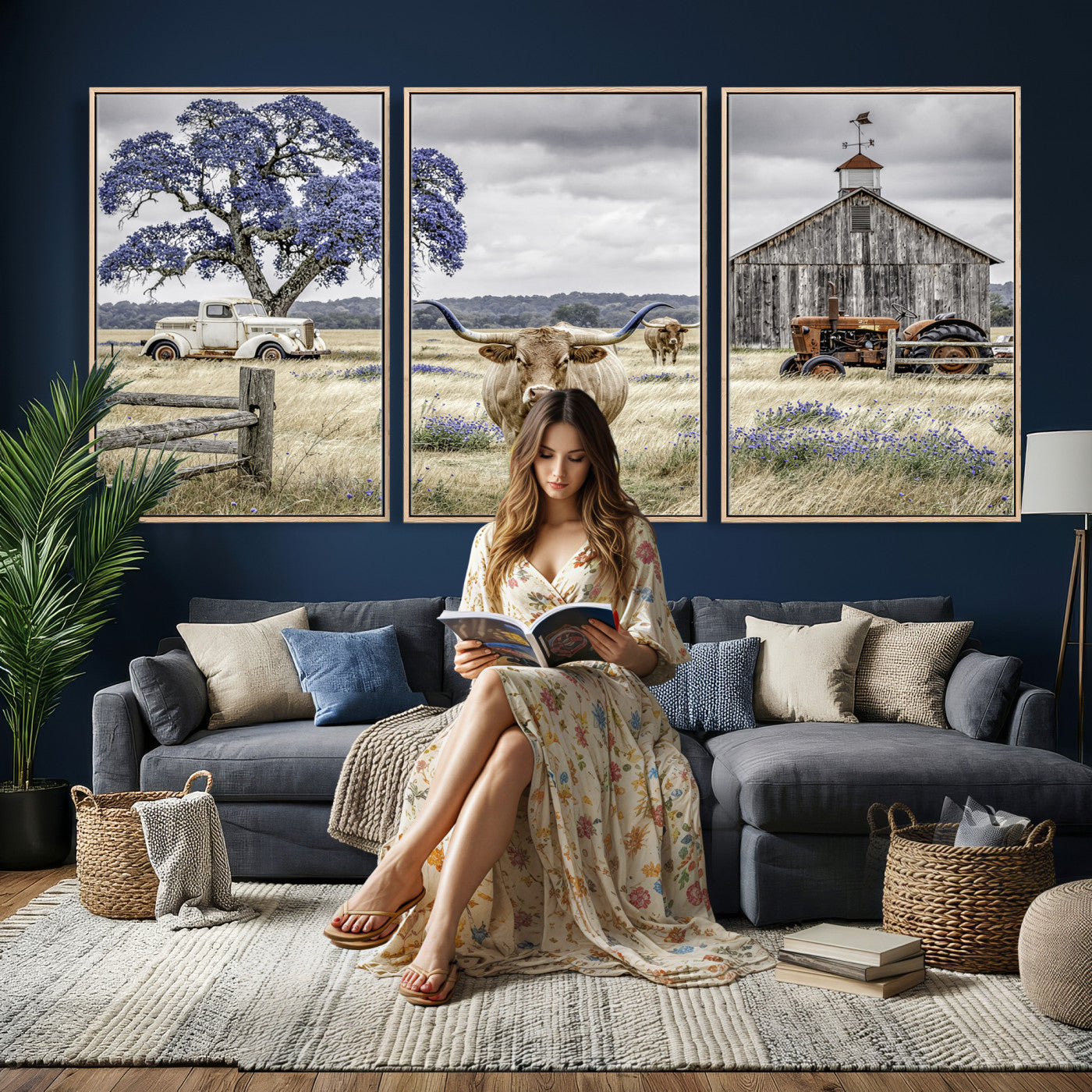 62336425-MGV-CV-60X30-3P - Texas Longhorn Canvas Wall Art, Rustic Farm Barn Bluebonnet Photography Print, Farmhouse Country Decor, Western Ranch Art, Old Truck Tractor Print