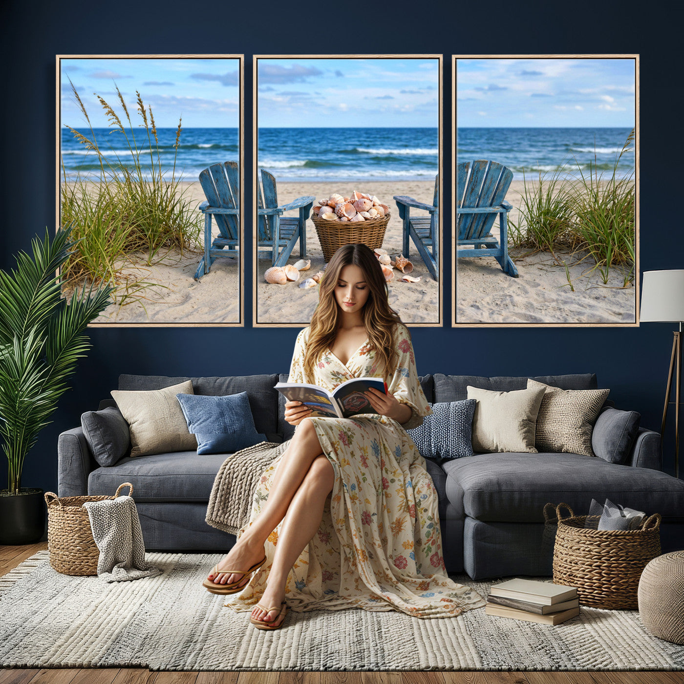 80268829-MGV-CV-36X24 - Large Beach Canvas Wall Art Coastal Adirondack Chairs Ocean Seashells Blue Nautical Framed Large for Living Room Bedroom Bathroom Decor