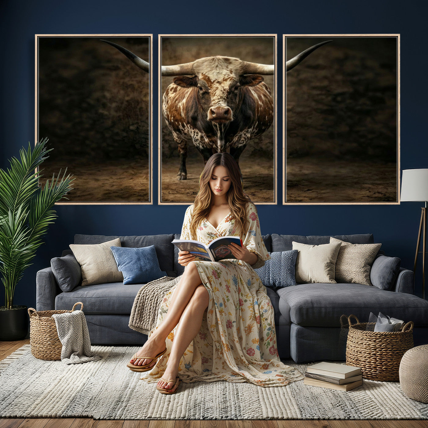 59378683-MGV-CV-60X30-3P - Texas Longhorn Bull Canvas Wall Art, Western Ranch Cattle Photography Print, Rustic Farmhouse Cowboy Decor Artwork