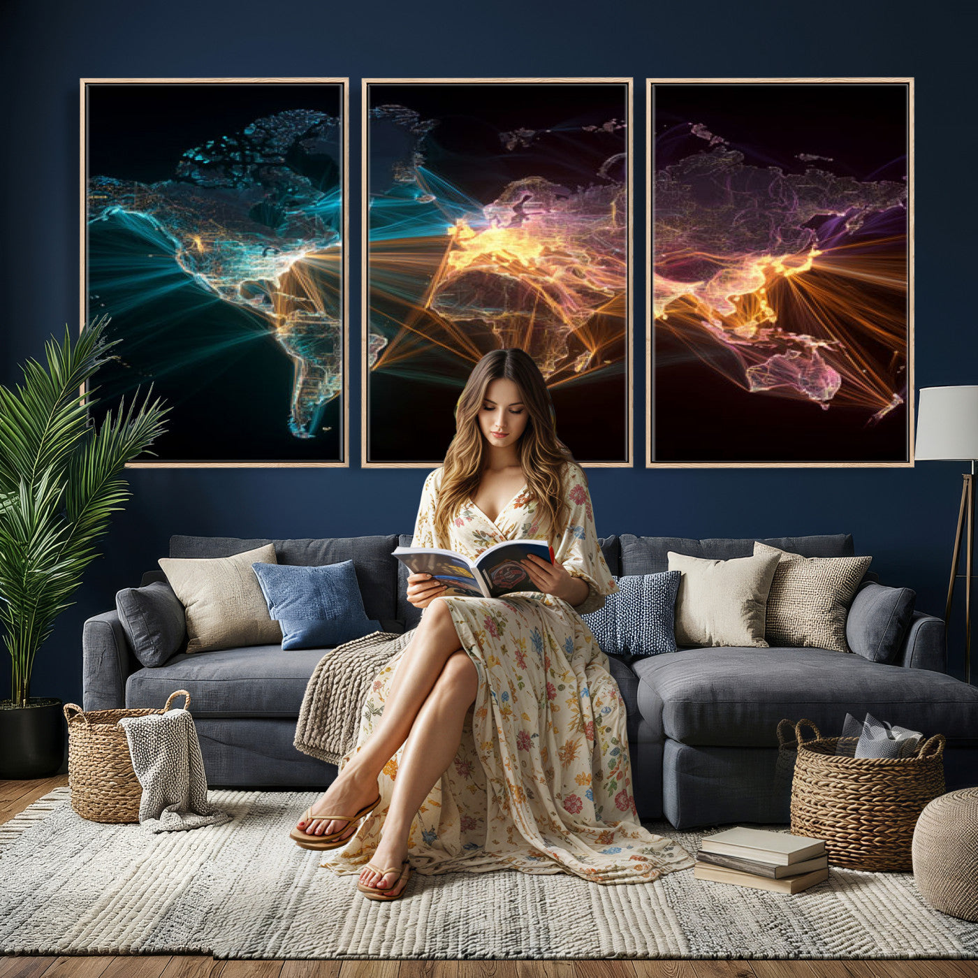 14891737-MGV-CV-36X24 - World Map and Global Flight Routes Map Canvas Wall Art, Worldwide Aviation Network Print, International Air Travel Wall Decor