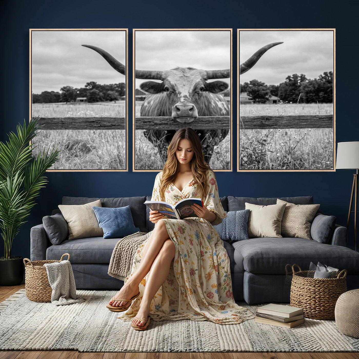 59378683-MGV-CV-60X30-3P - Black White Texas Longhorn Bull Canvas Wall Art, Western Ranch Cattle Photography Print, Rustic Farmhouse Cowboy Decor Artwork