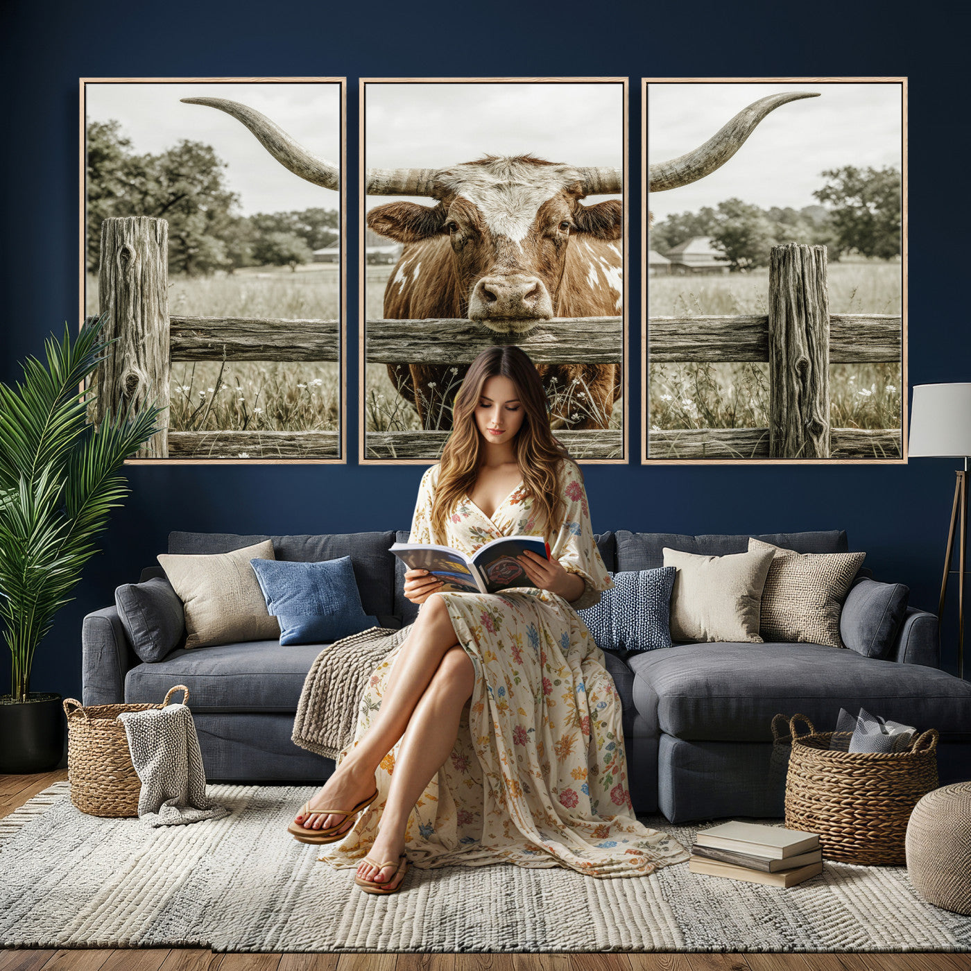 59378683M-MGV-CV-60X30-3P - Large Farmhouse Texas Longhorn Bull Canvas Wall Art, Western Ranch Cattle Photography Print, Rustic Barn Cowboy Decor Artwork