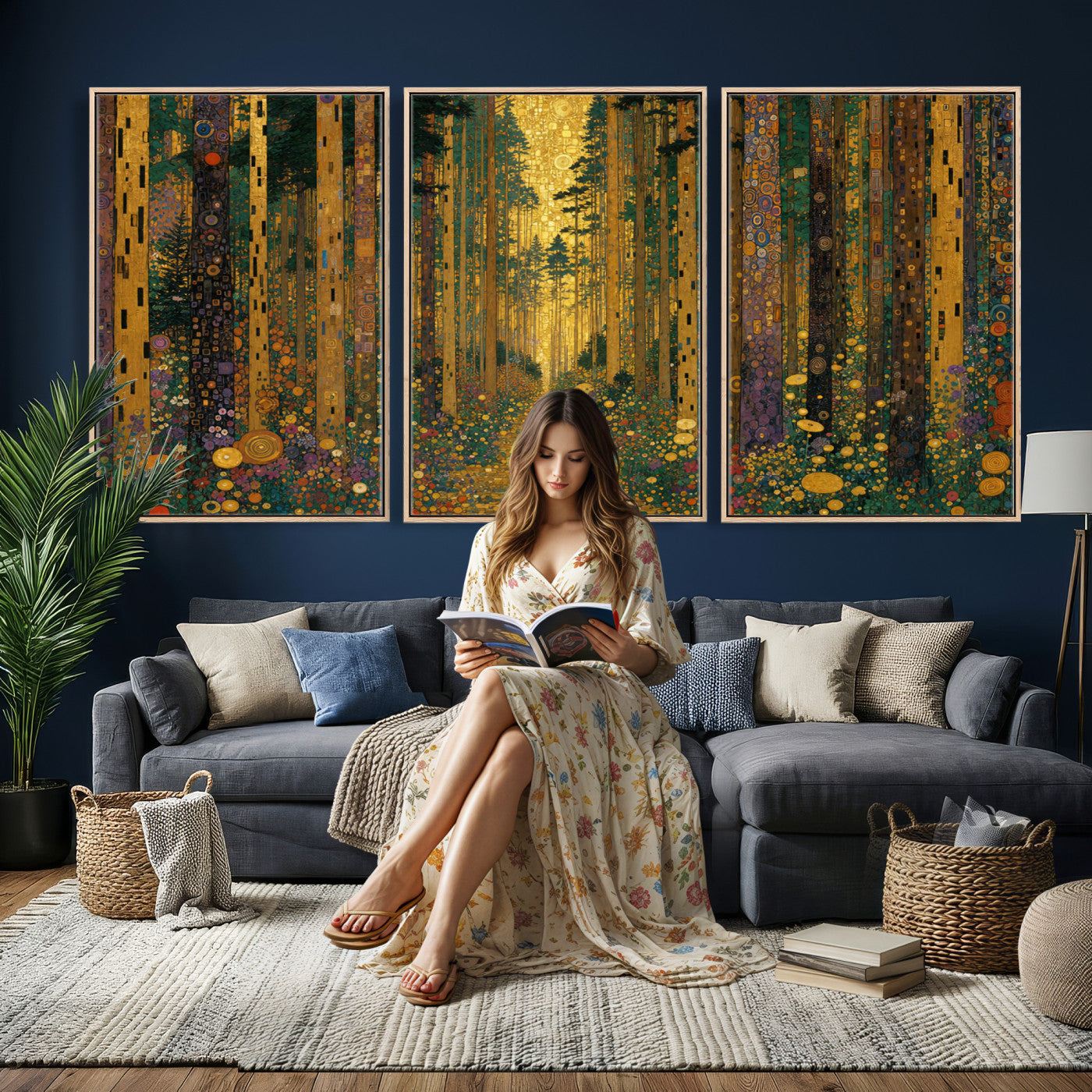 79483321G-MGV-CV-48X32-3P - Gustav Klimt Style Forest Canvas Wall Art, Golden Forest Path Floral Art Nouveau Print, Enchanted Woodland Decor
