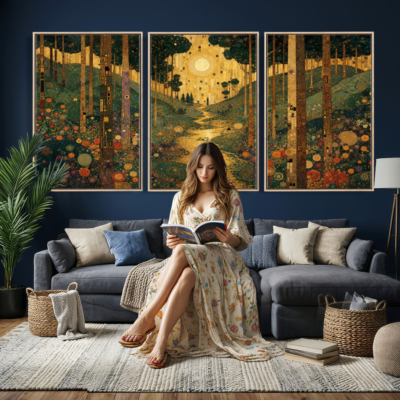 79483321GS-MGV-CV-48X32-3P - Gustav Klimt Style Forest Canvas Wall Art, Golden Forest Path Floral Art Nouveau Print, Enchanted Woodland Decor