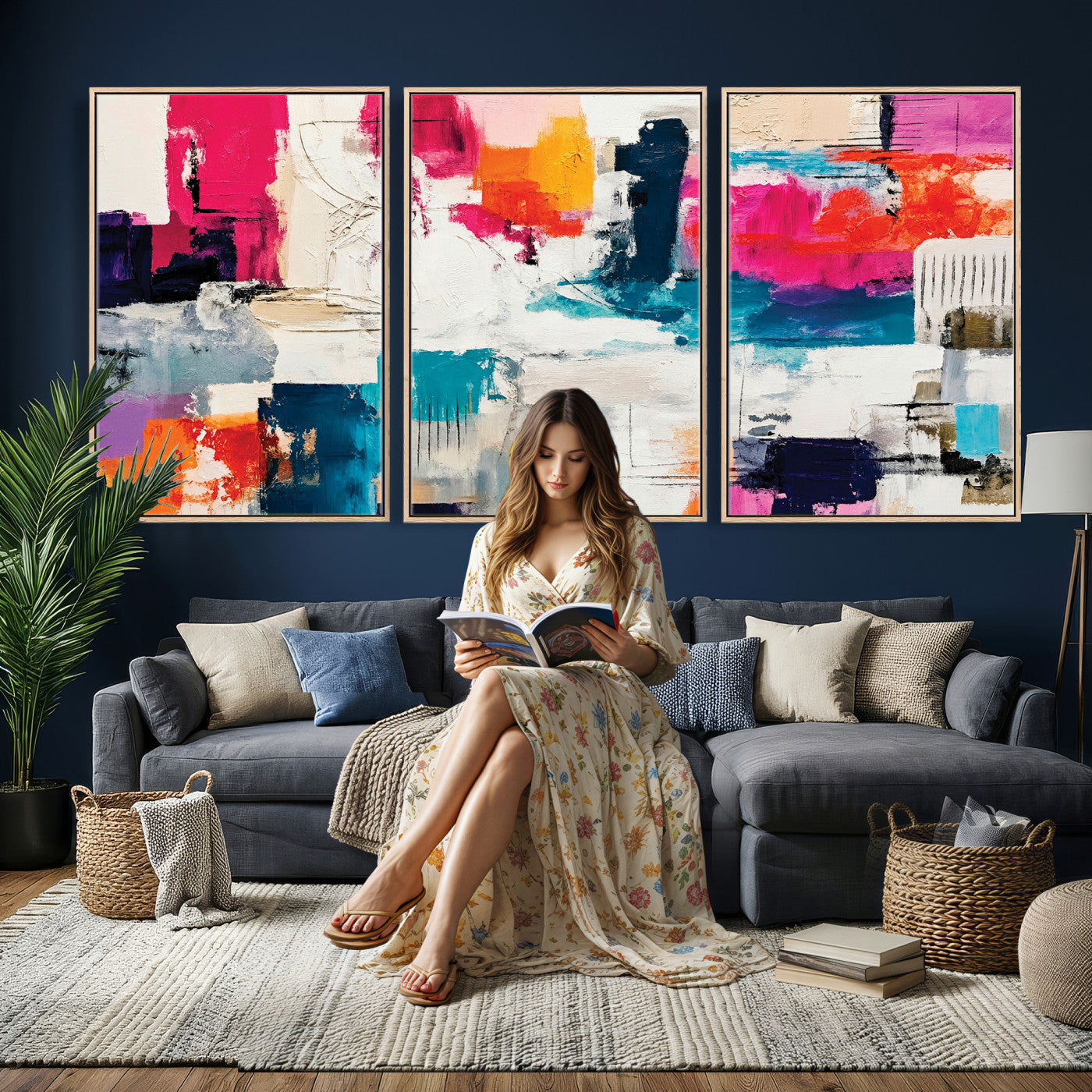 57864023-MGV-CV-36X24 - Blue Teal Abstract Canvas Wall Art | Modern Textured Painting Print, Navy Orange White Contemporary Art, Neutral Living Room Decor, Office Art