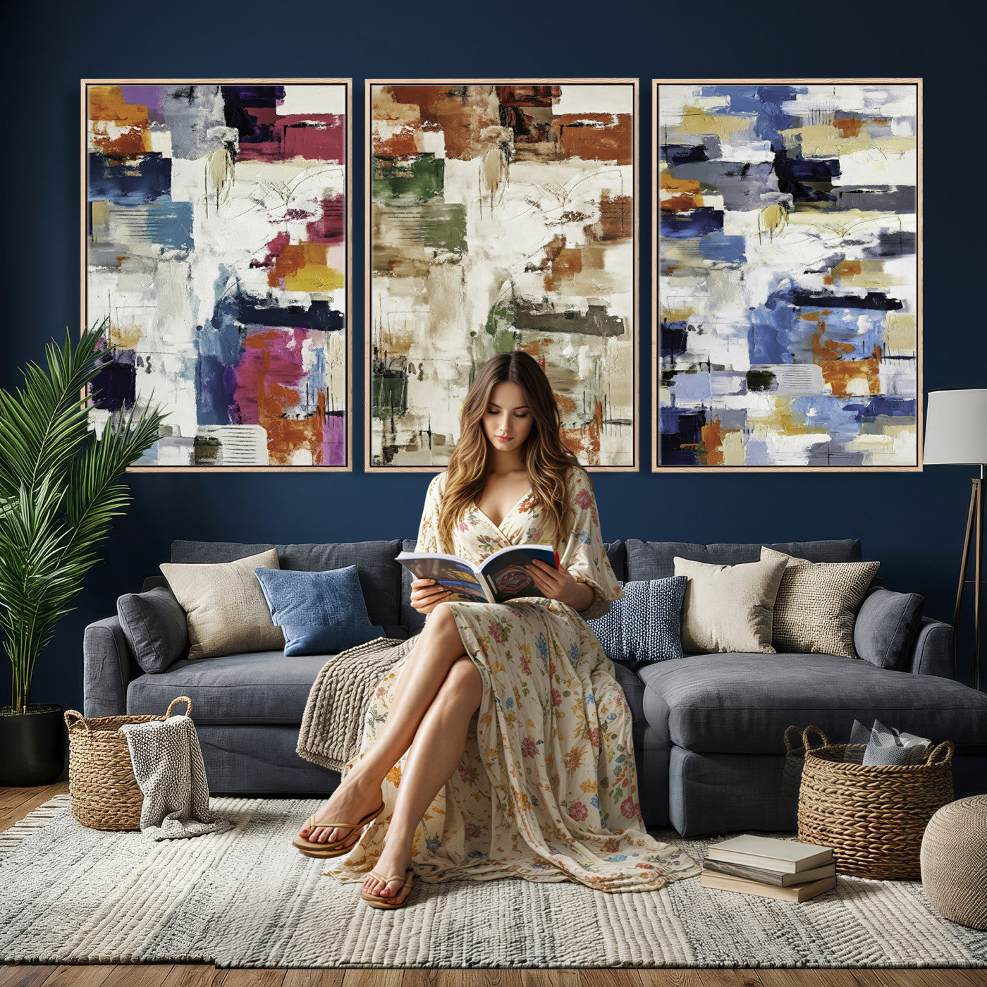 33267833-MGV-CV-60X30-3P - Blue Teal Abstract Canvas Wall Art, Modern Textured Painting Print, Navy Orange White Contemporary Art, Neutral Living Room Decor, Office Art