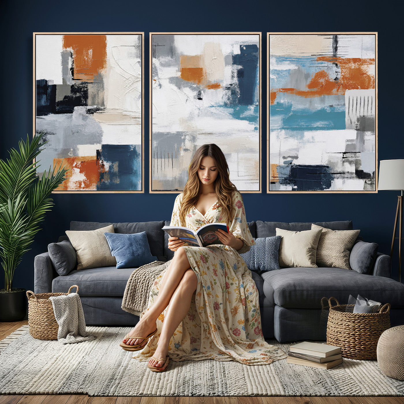 44950303-MGV-CV-36X24 - Blue Teal Abstract Canvas Wall Art, Modern Textured Painting Print, Navy Orange White Contemporary Art, Neutral Living Room Decor, Office Art
