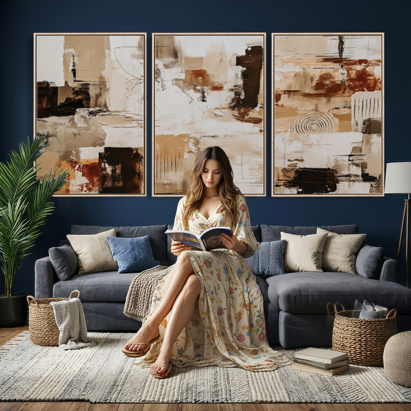 26560159-MGV-CV-36X24 - Blue Teal Abstract Canvas Wall Art, Modern Textured Painting Print, Navy Orange White Contemporary Art, Neutral Living Room Decor, Office Art