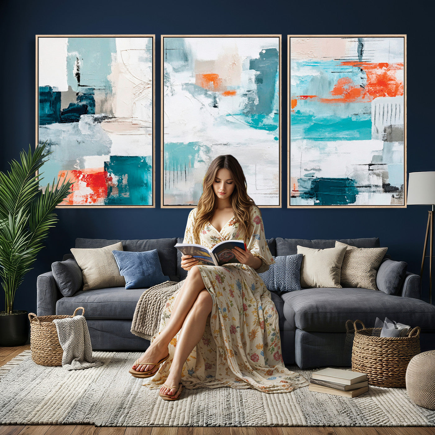 98638479-MGV-CV-36X24 - Blue Teal Abstract Canvas Wall Art | Modern Textured Painting Print, Navy Orange White Contemporary Art, Neutral Living Room Decor, Office Art