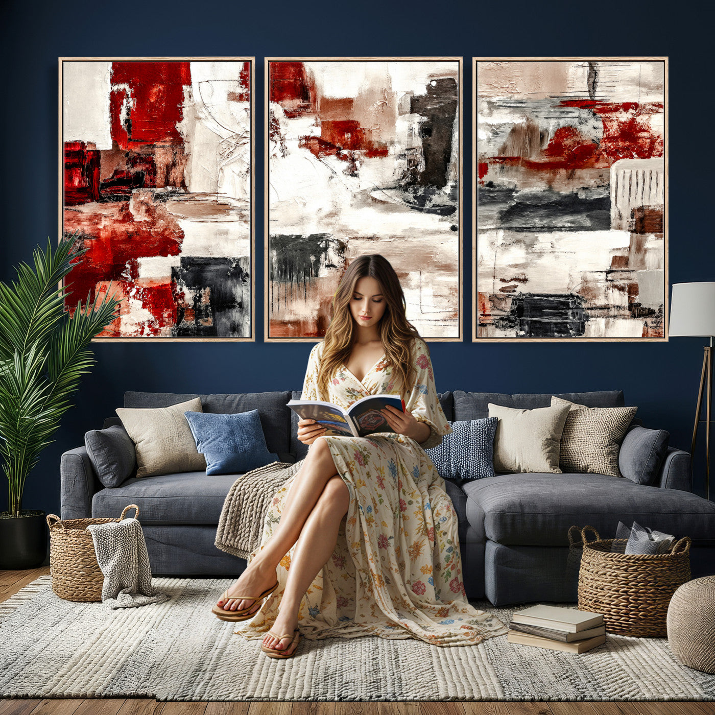 53022468-MGV-CV-36X24 - Blue Teal Abstract Canvas Wall Art, Modern Textured Painting Print, Navy Orange White Contemporary Art, Neutral Living Room Decor, Office Art