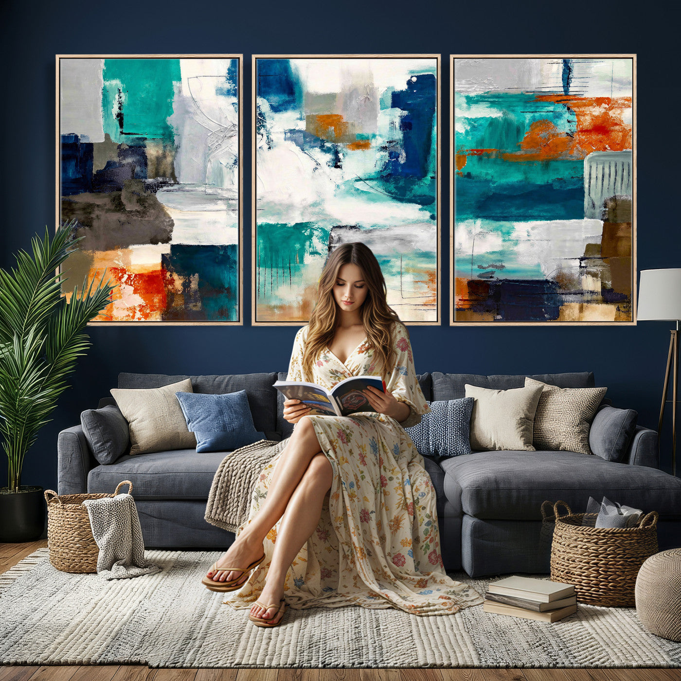 44038089-MGV-CV-36X24 - Blue Teal Abstract Canvas Wall Art, Modern Textured Painting Print, Navy Orange White Contemporary Art, Neutral Living Room Decor, Office Art