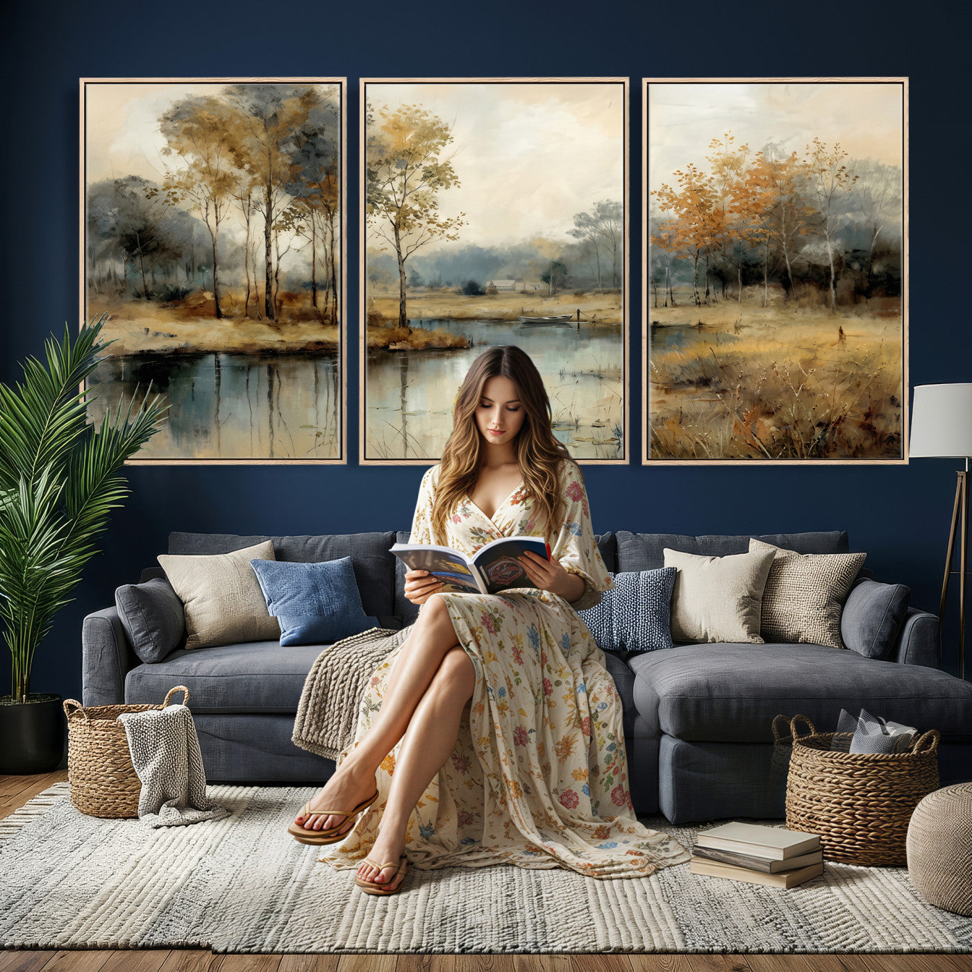 74391095-MGV-CV-36X24 - Abstract WatercolorAutumn Lake Canvas Wall Art Print, Misty Forest Landscape, Rustic Nature Painting, Cabin Wall Decor, Ready to Hang